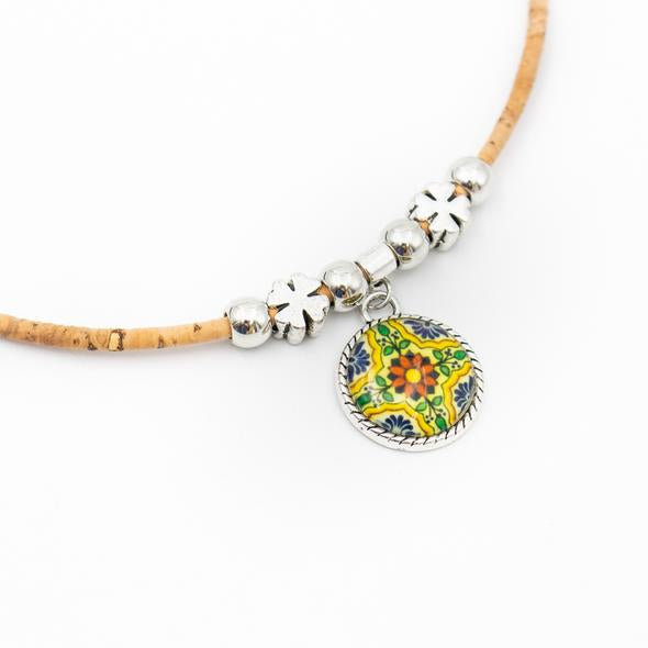Handmade Natural Cork Necklace with Traditional Portugal Ceramic Tile Pattern Pendantm