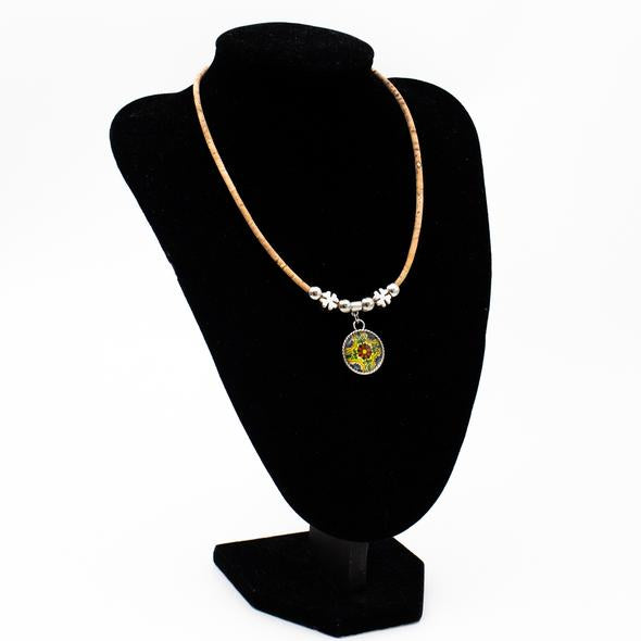 Handmade Natural Cork Necklace with Traditional Portugal Ceramic Tile Pattern Pendantm
