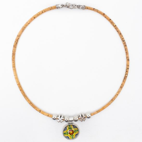 Handmade Natural Cork Necklace with Traditional Portugal Ceramic Tile Pattern Pendantm