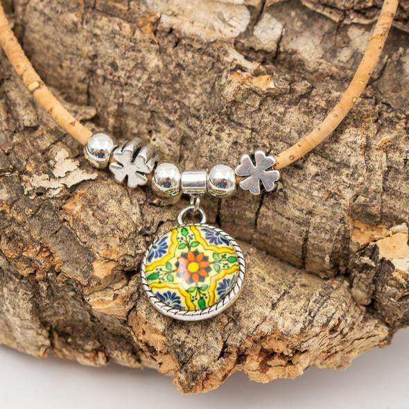 Handmade Natural Cork Necklace with Traditional Portugal Ceramic Tile Pattern Pendantm
