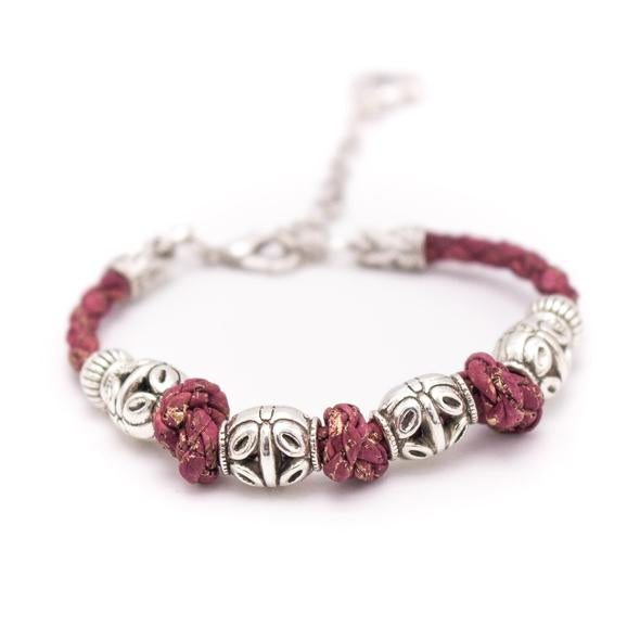 Eco Friendly Burgundy Cork and Silver Knotted Bracelet