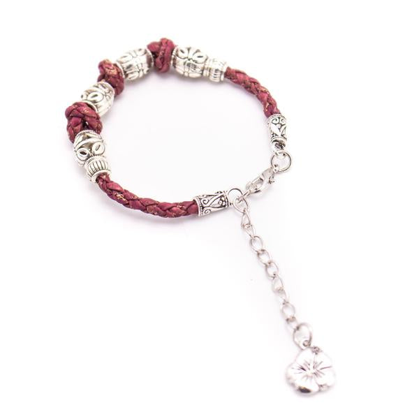 Eco Friendly Burgundy Cork and Silver Knotted Bracelet
