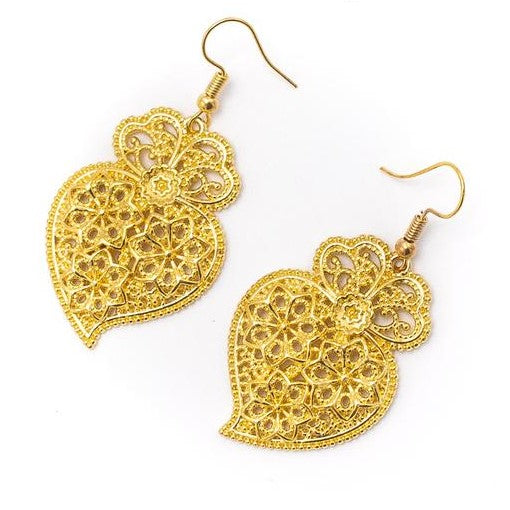 Gold Tone Viana Heart Filigree Earrings