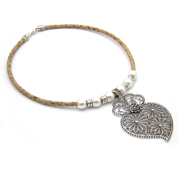Natural Cork Necklace With Large Portuguese Filigree Viana Heart
